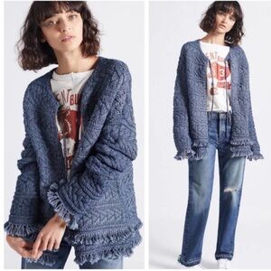 CURRENT/ELLIOTT Indigo Cable Knit Fringe Open Cardigan Sweater 2 M Boho Cozy